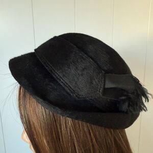VTG 40s 50s I. Magnin Small Half Hat Derby Fedora Italy Retro Black Tassel Scarf